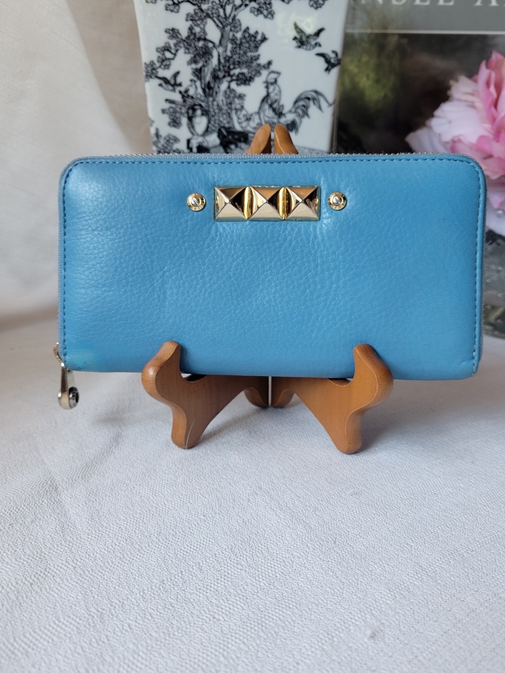 Henri Bendel Blue Leather Zip Wallet with Gold Stud Detail